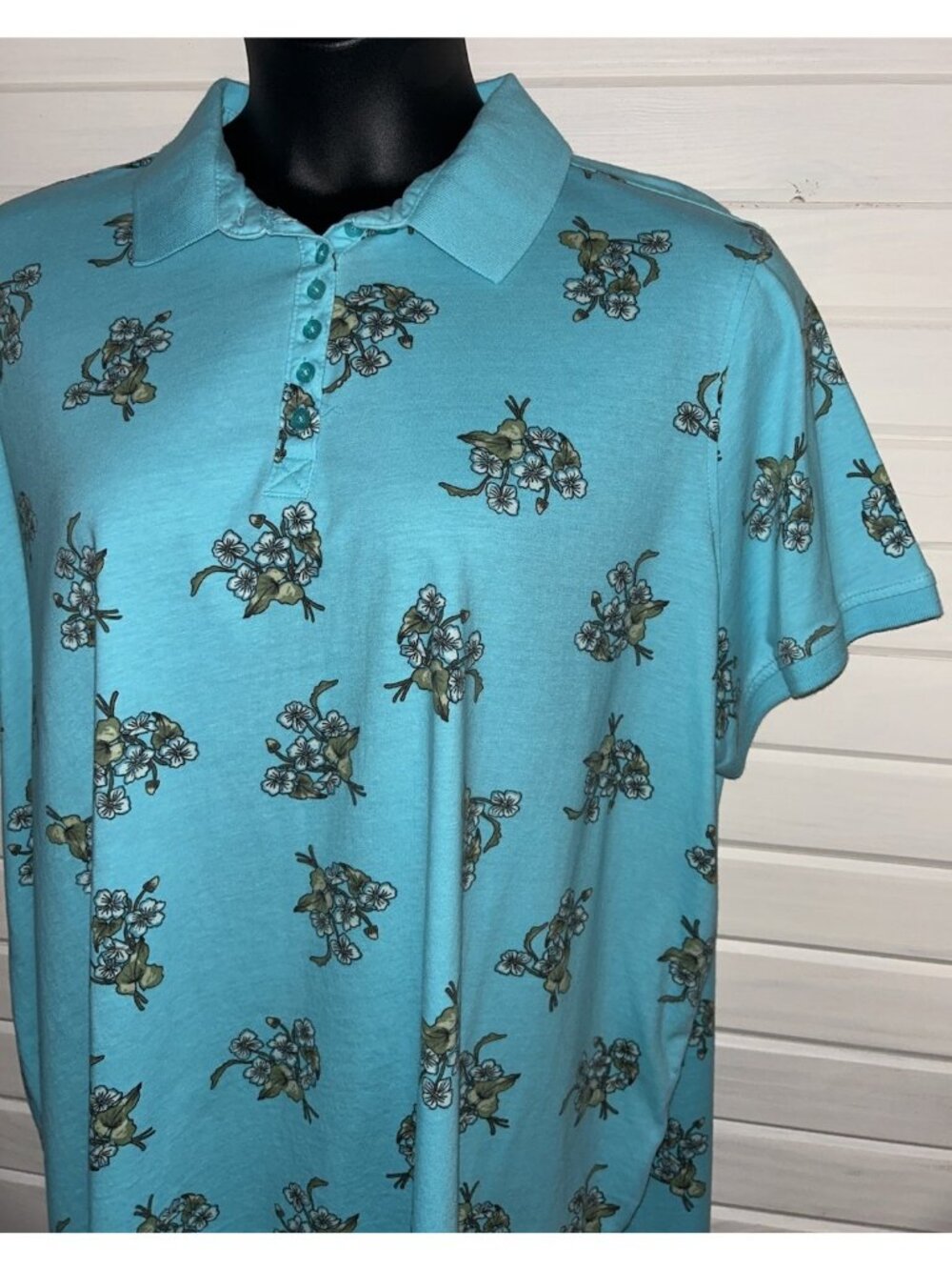 Woman Within Sz PLUS 2X 26/28 Aqua Green Floral 100% Cotton Polo Shirt EUC